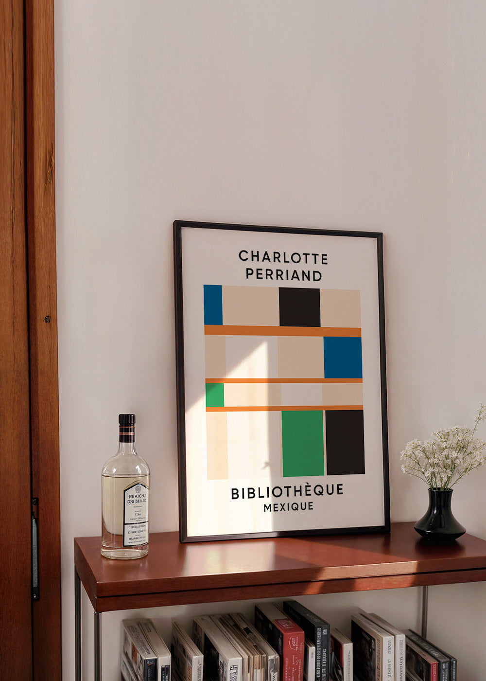 Geometric print with blocks and typography 'Bibliothèque'