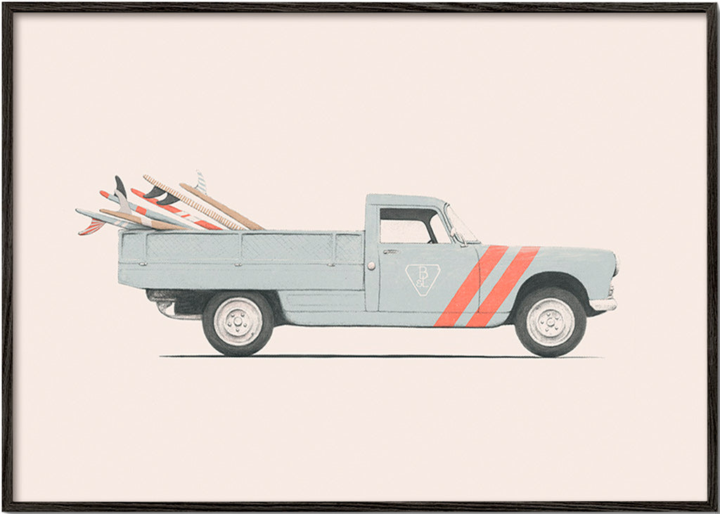 Vintage print pickup van with surfboards