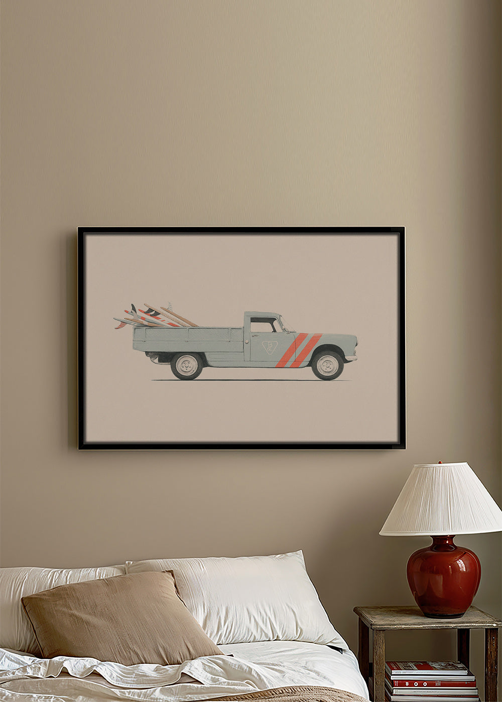 Vintage print pickup van with surfboards