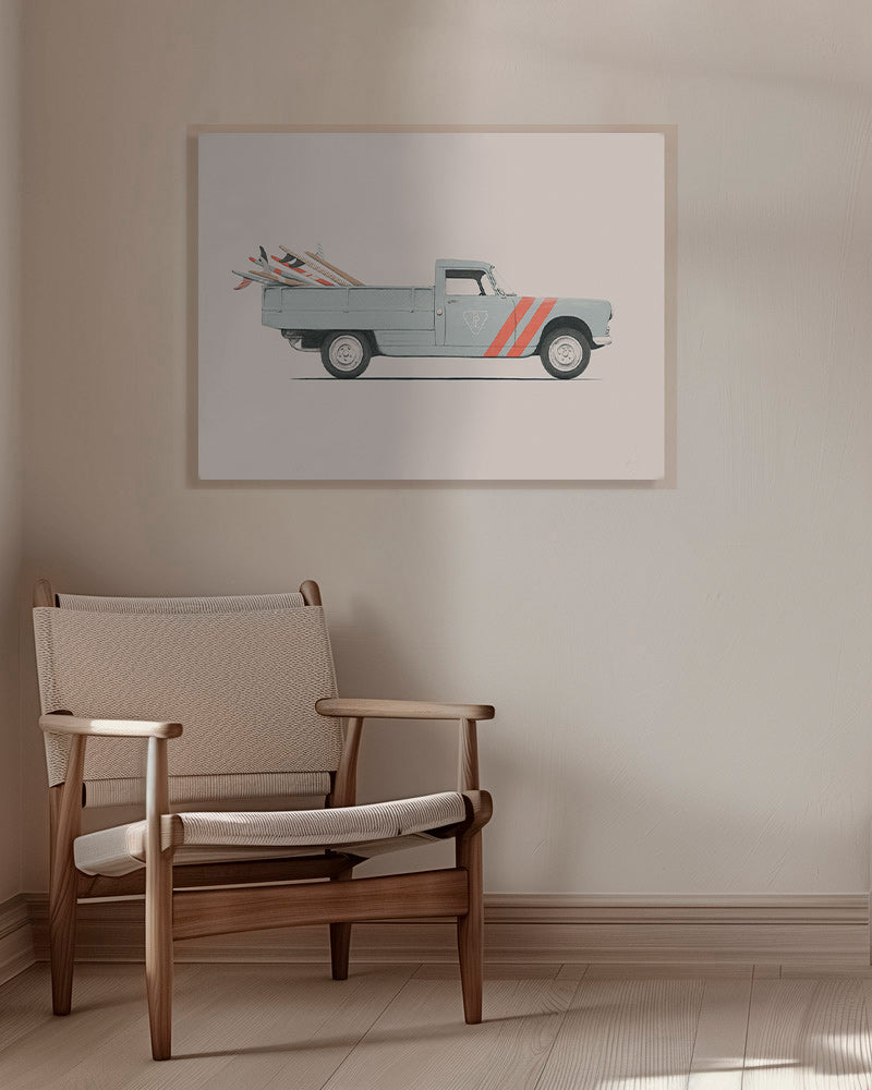 Vintage print pickup van with surfboards