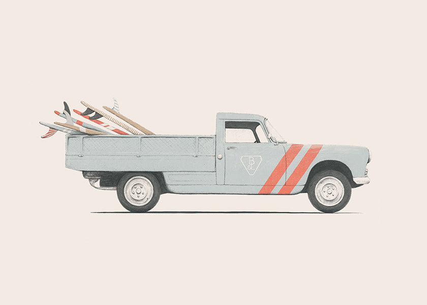 Vintage print pickup van with surfboards