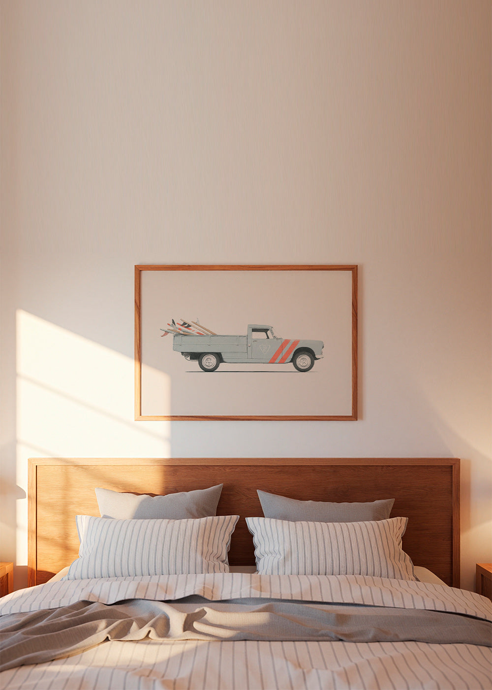 Vintage print pickup van with surfboards