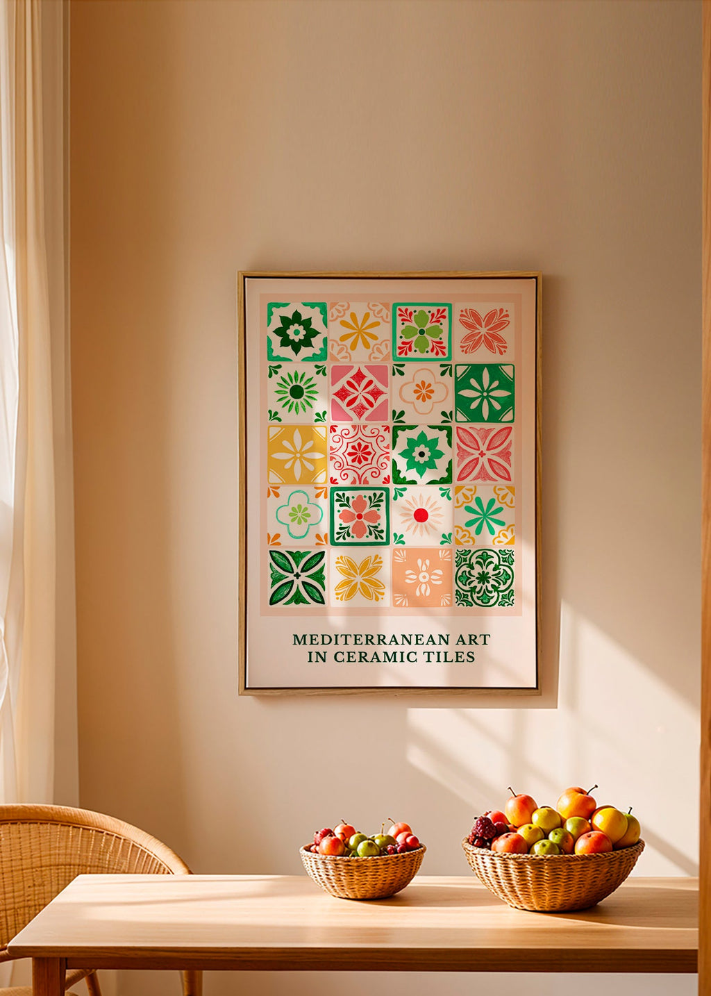 Botanical print with Mediterranean tile motifs