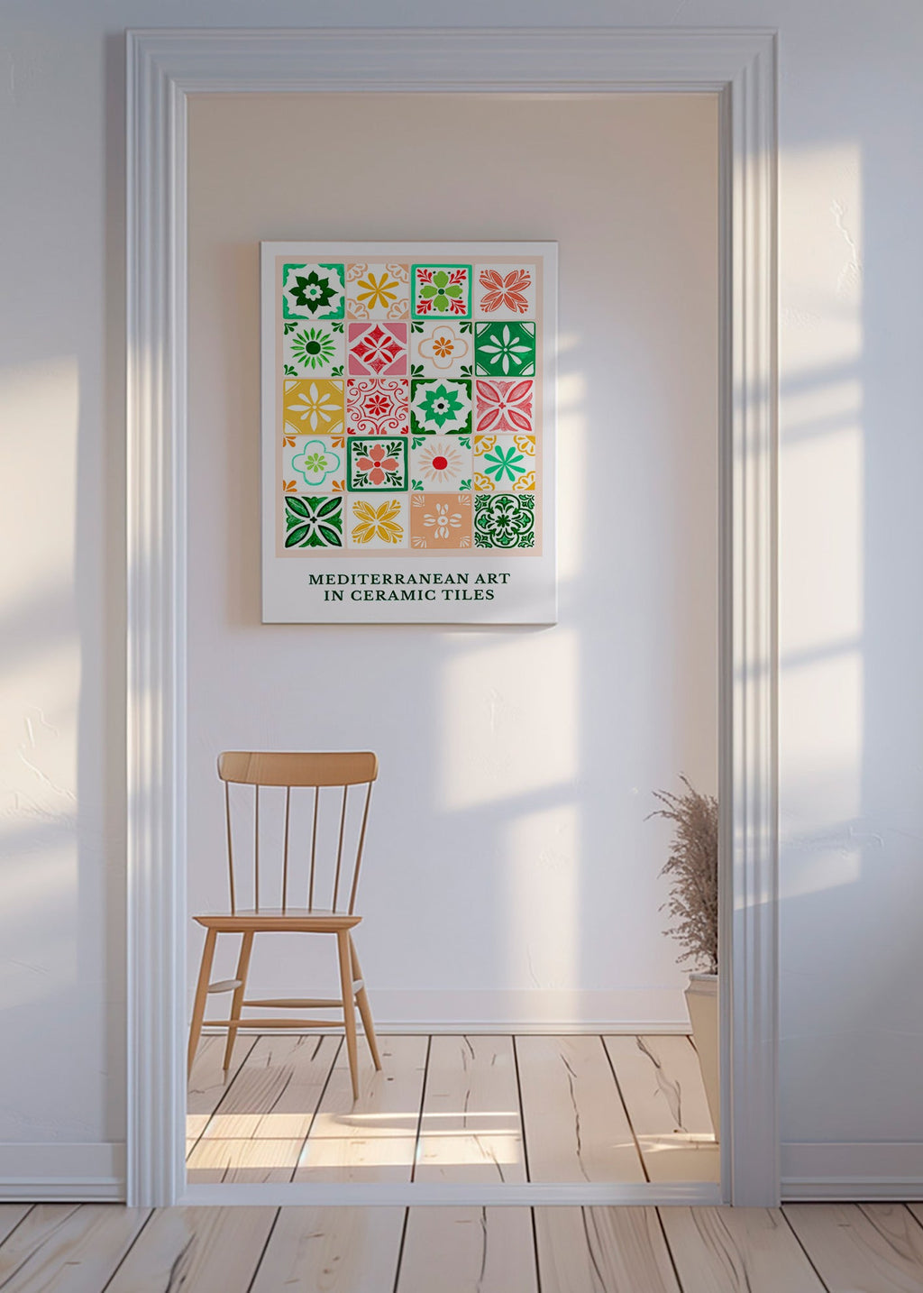 Botanical print with Mediterranean tile motifs