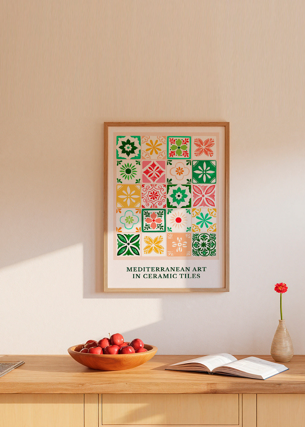 Botanical print with Mediterranean tile motifs