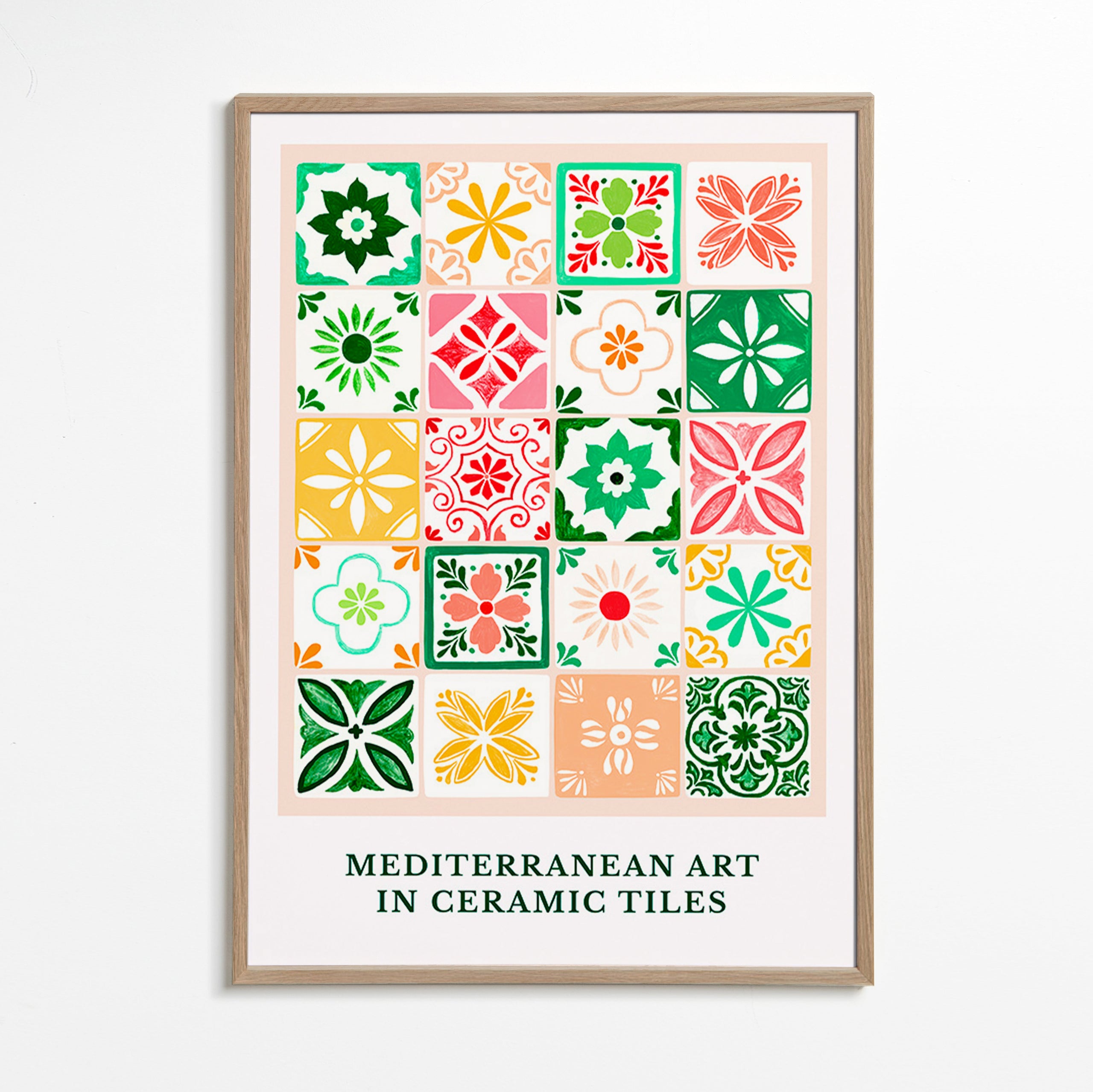 Botanical print with Mediterranean tile motifs