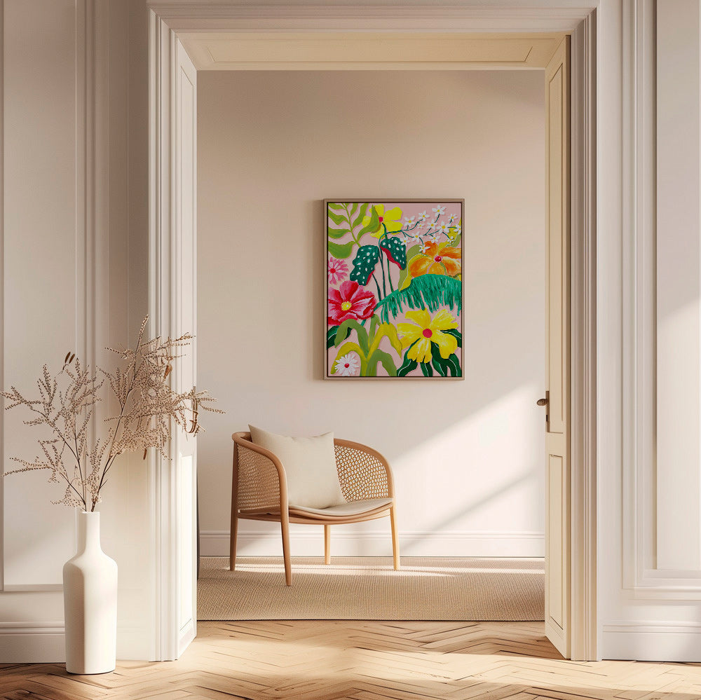 Botanical print with vibrant tropical blooms