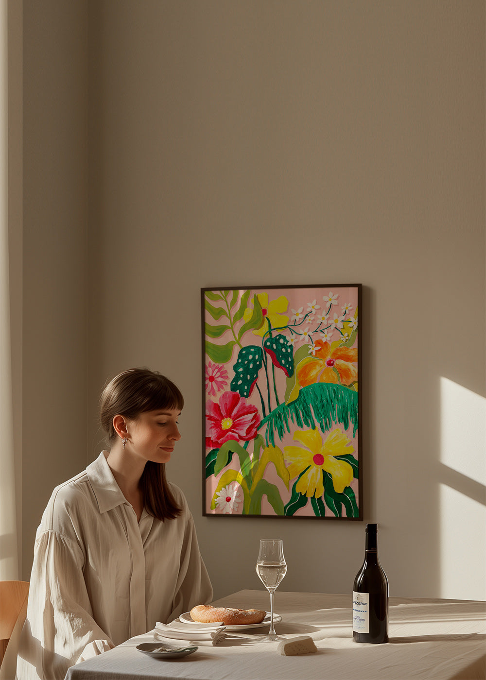 Botanical print with vibrant tropical blooms