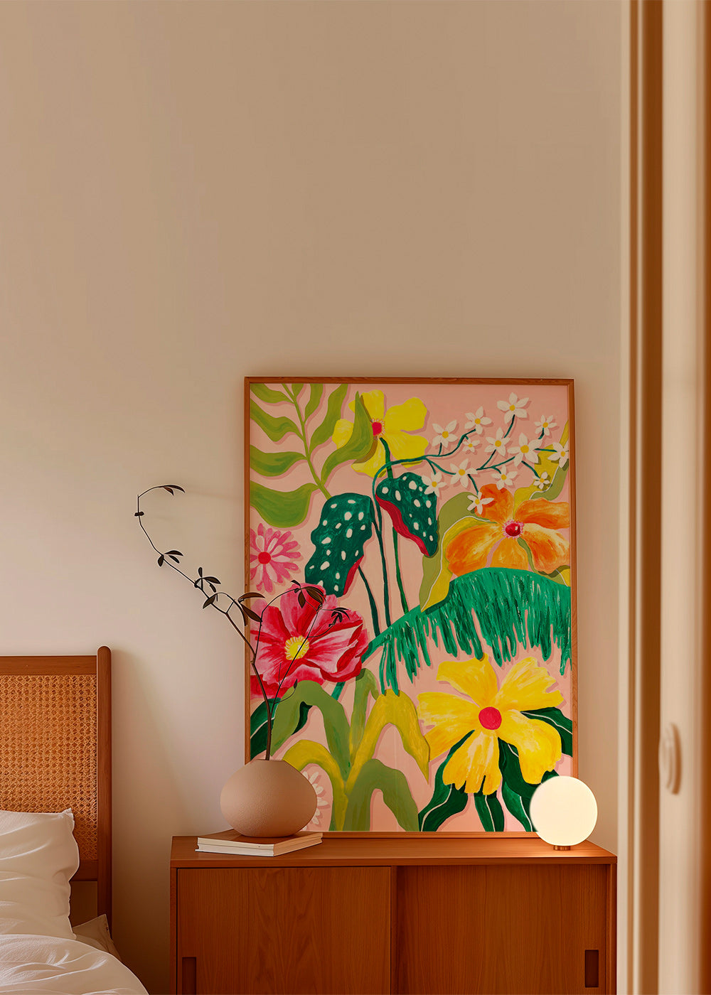 Botanical print with vibrant tropical blooms