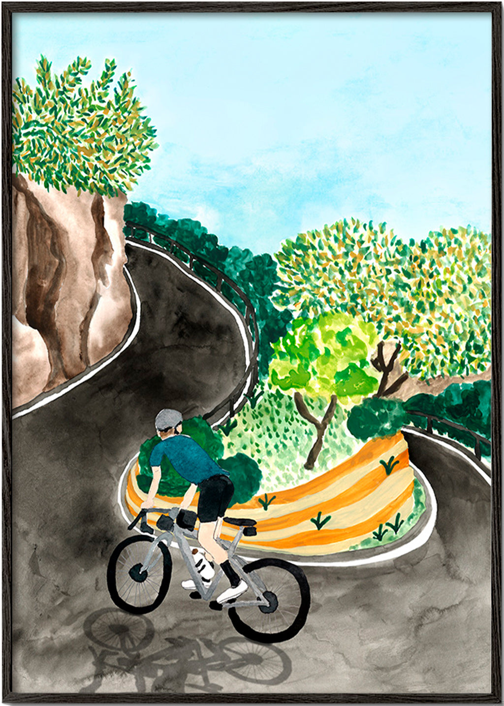 Landscape art with cyclist on mountain curve
