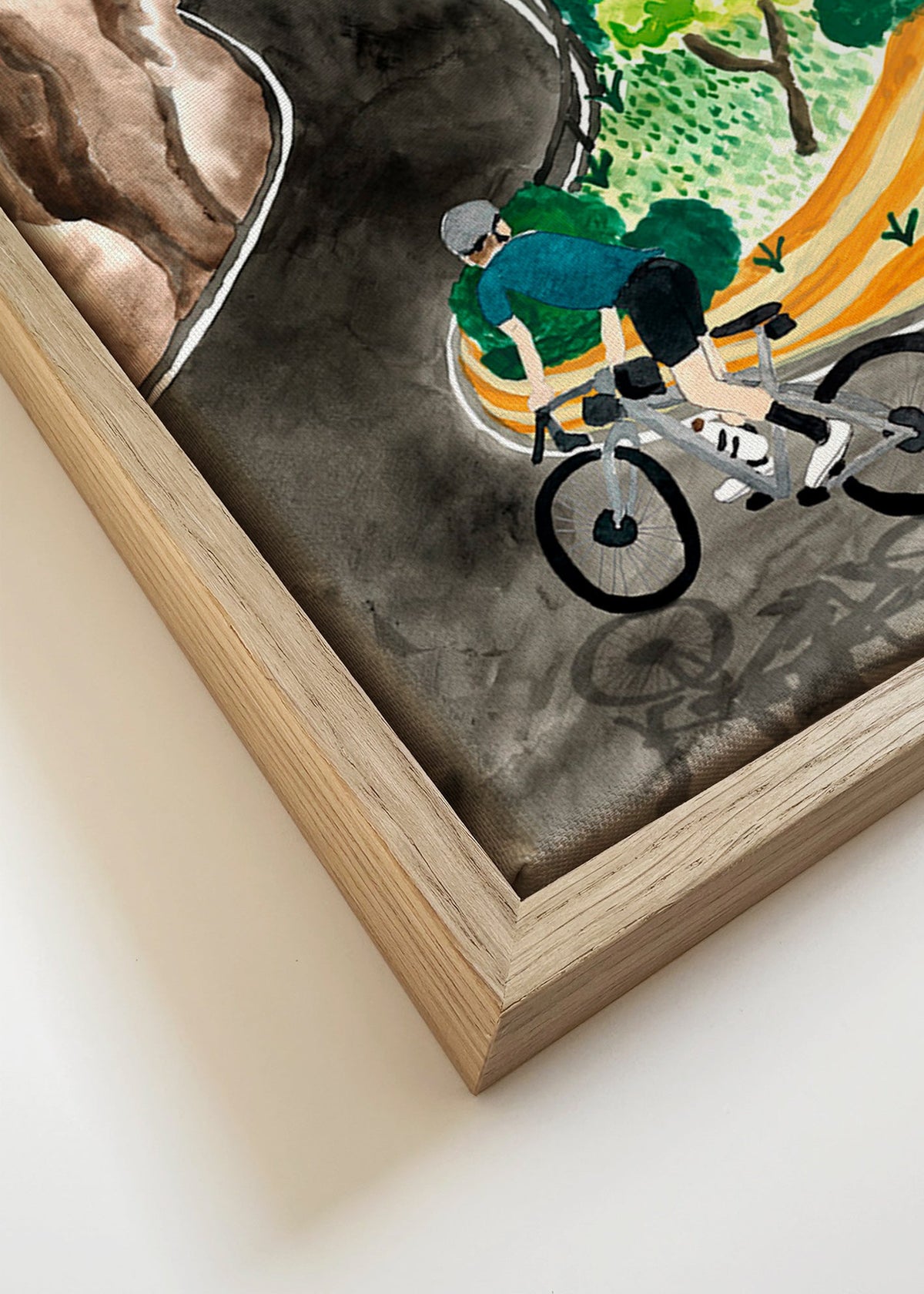Landscape art with cyclist on mountain curve