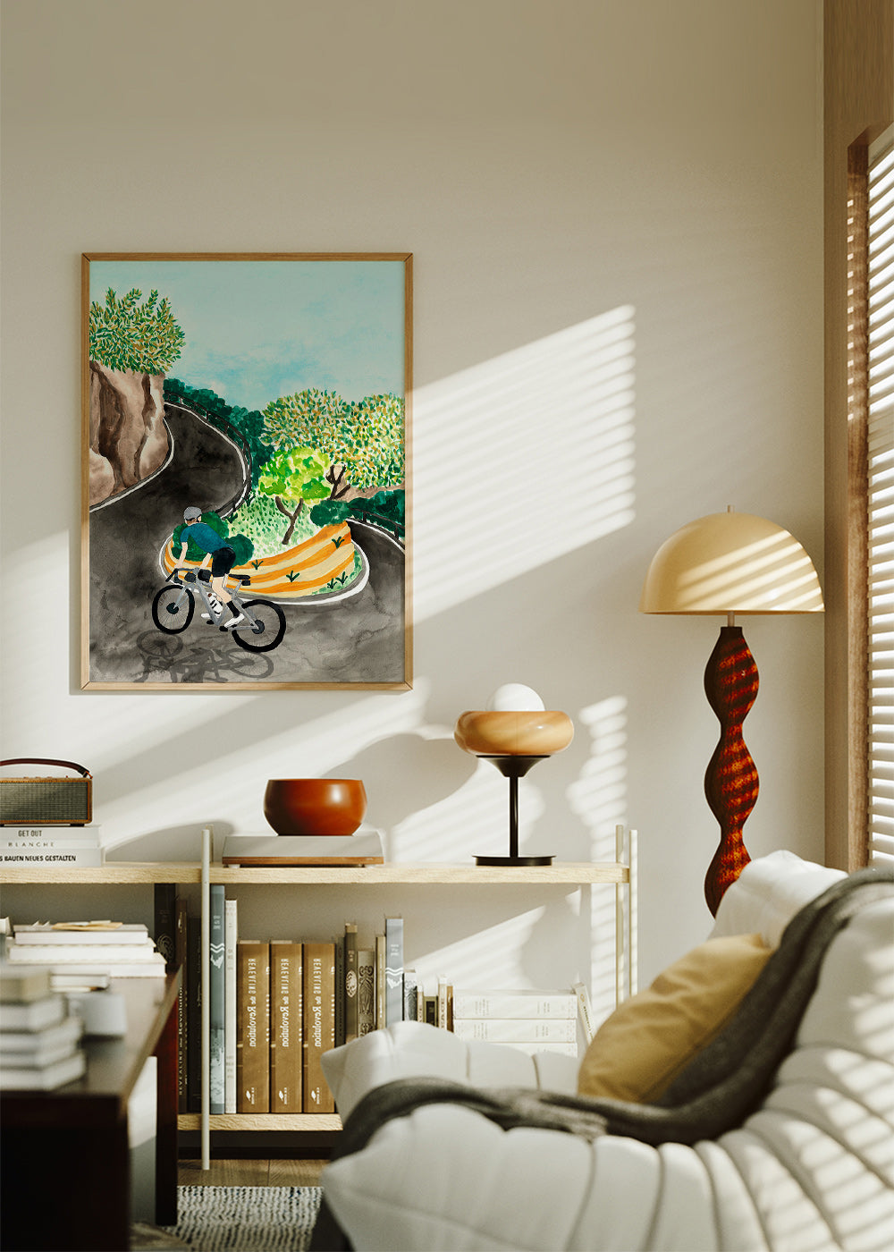 Landscape art with cyclist on mountain curve