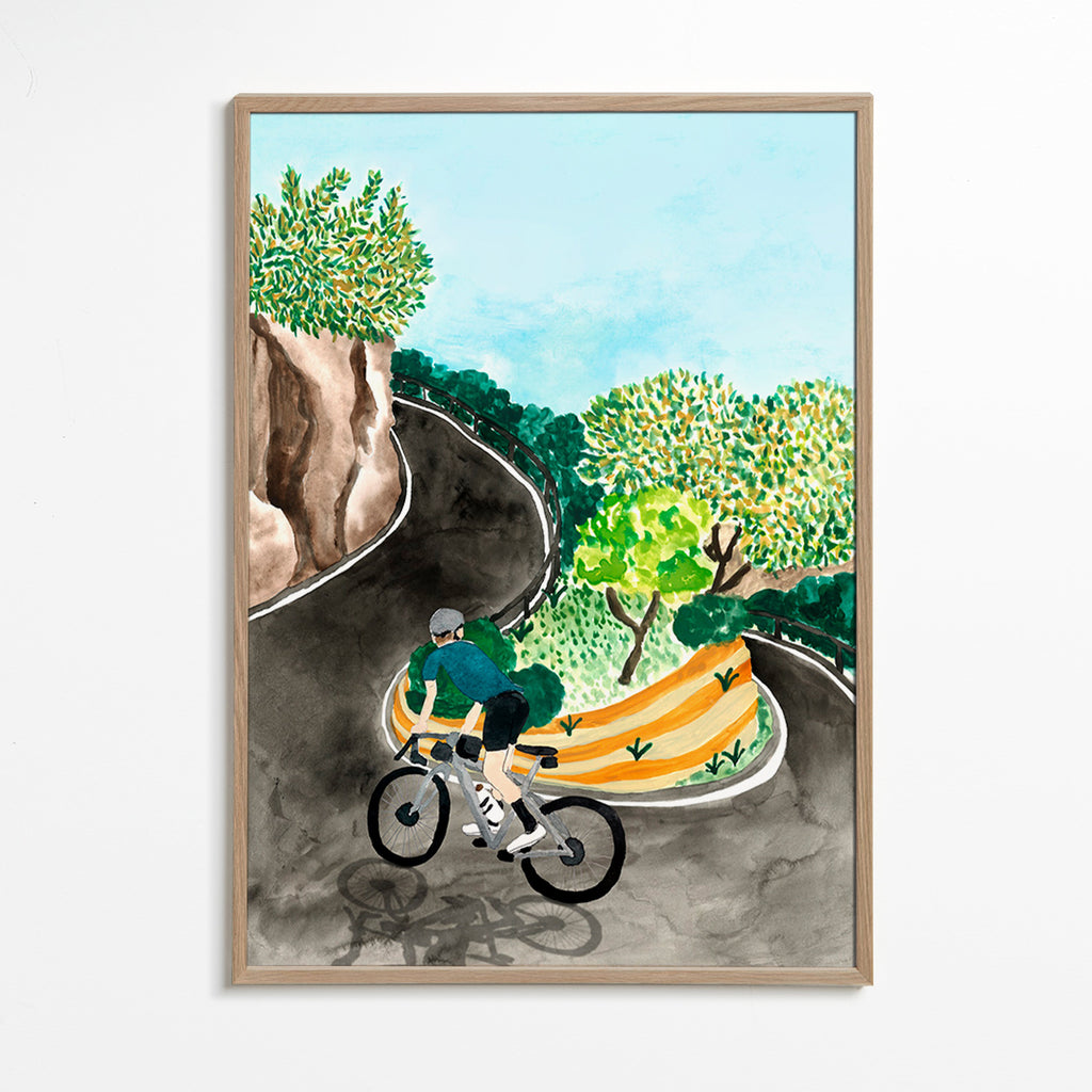 Landscape art with cyclist on mountain curve