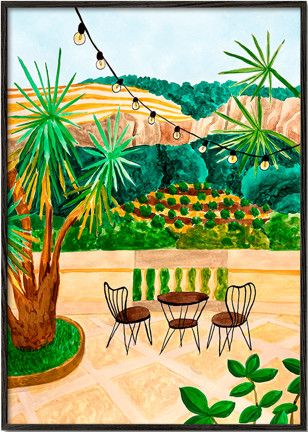 Botanical print: sunlit terrace scene