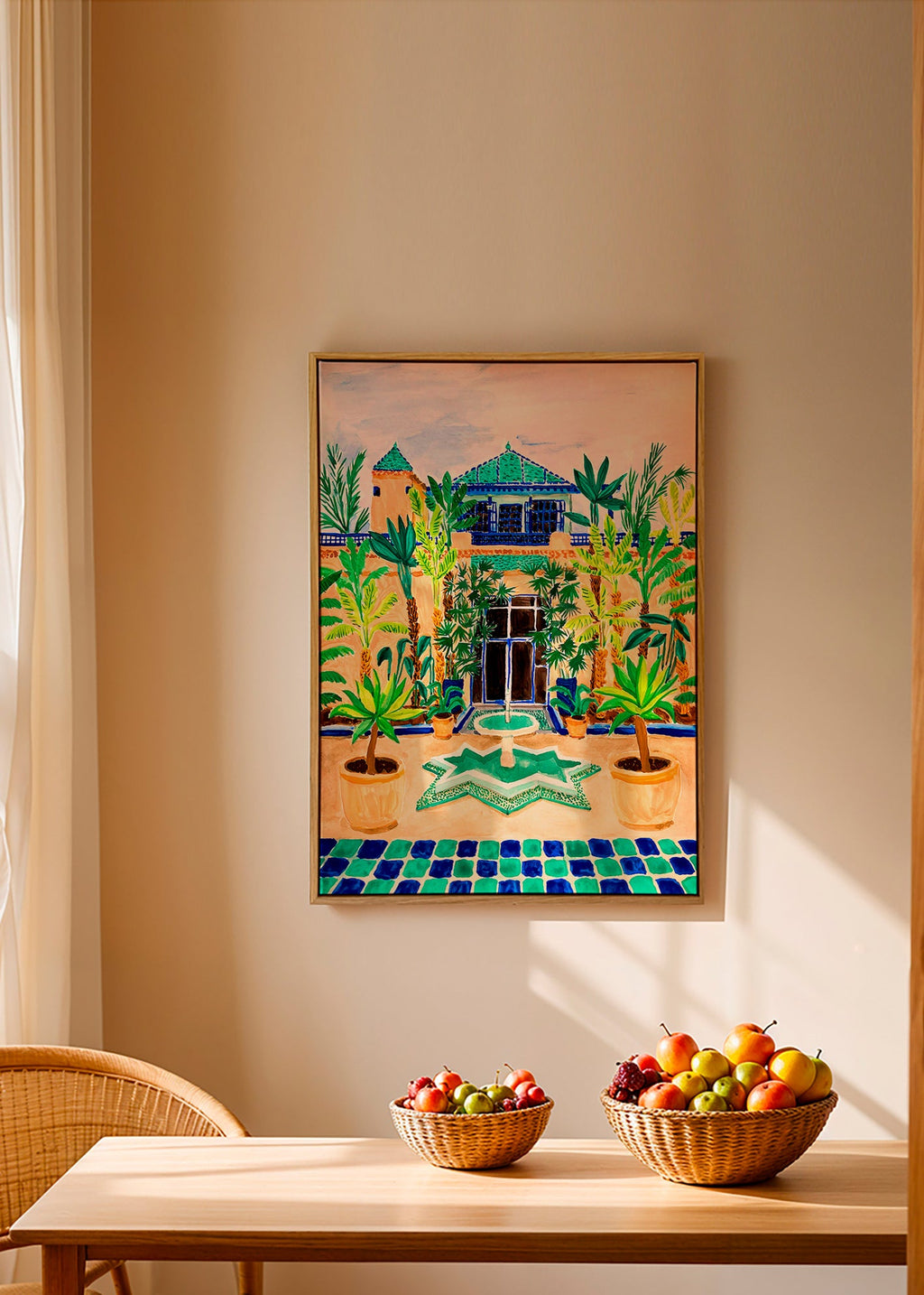 Botanical print Courtyard fountain and tiles