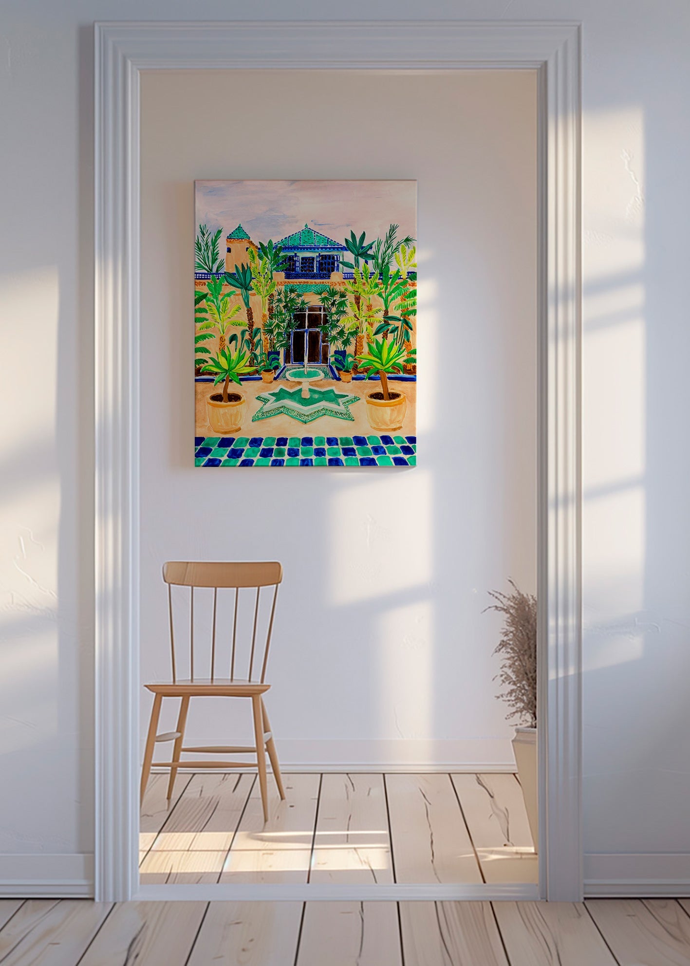 Botanical print Courtyard fountain and tiles