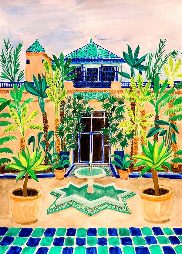 Botanical print Courtyard fountain and tiles