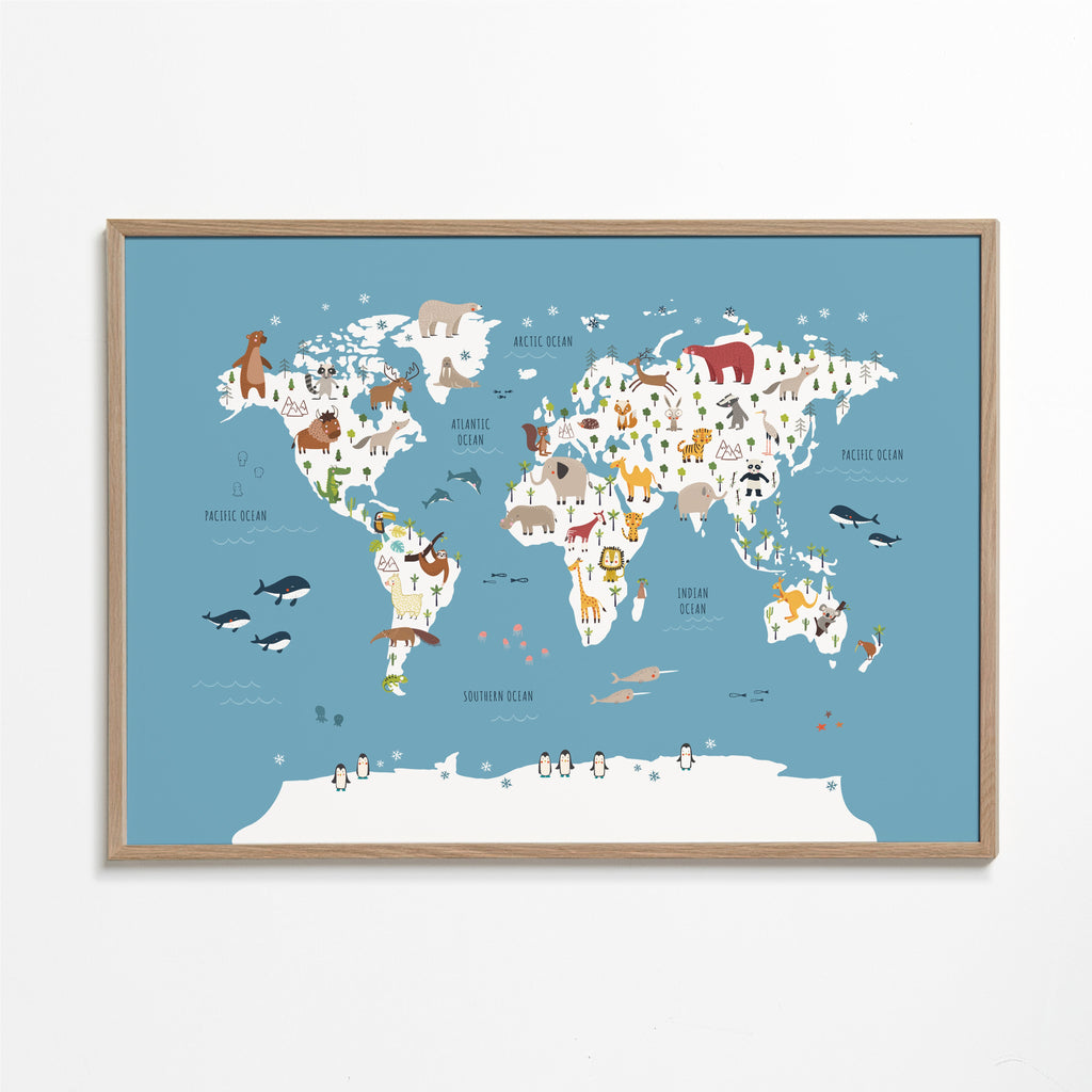 World Map with animals blue