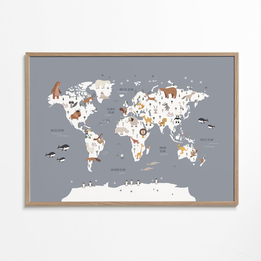 Mapa con animales azul cobalto