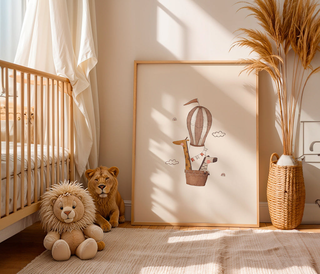 Children's print: giraffe and elephant balloon