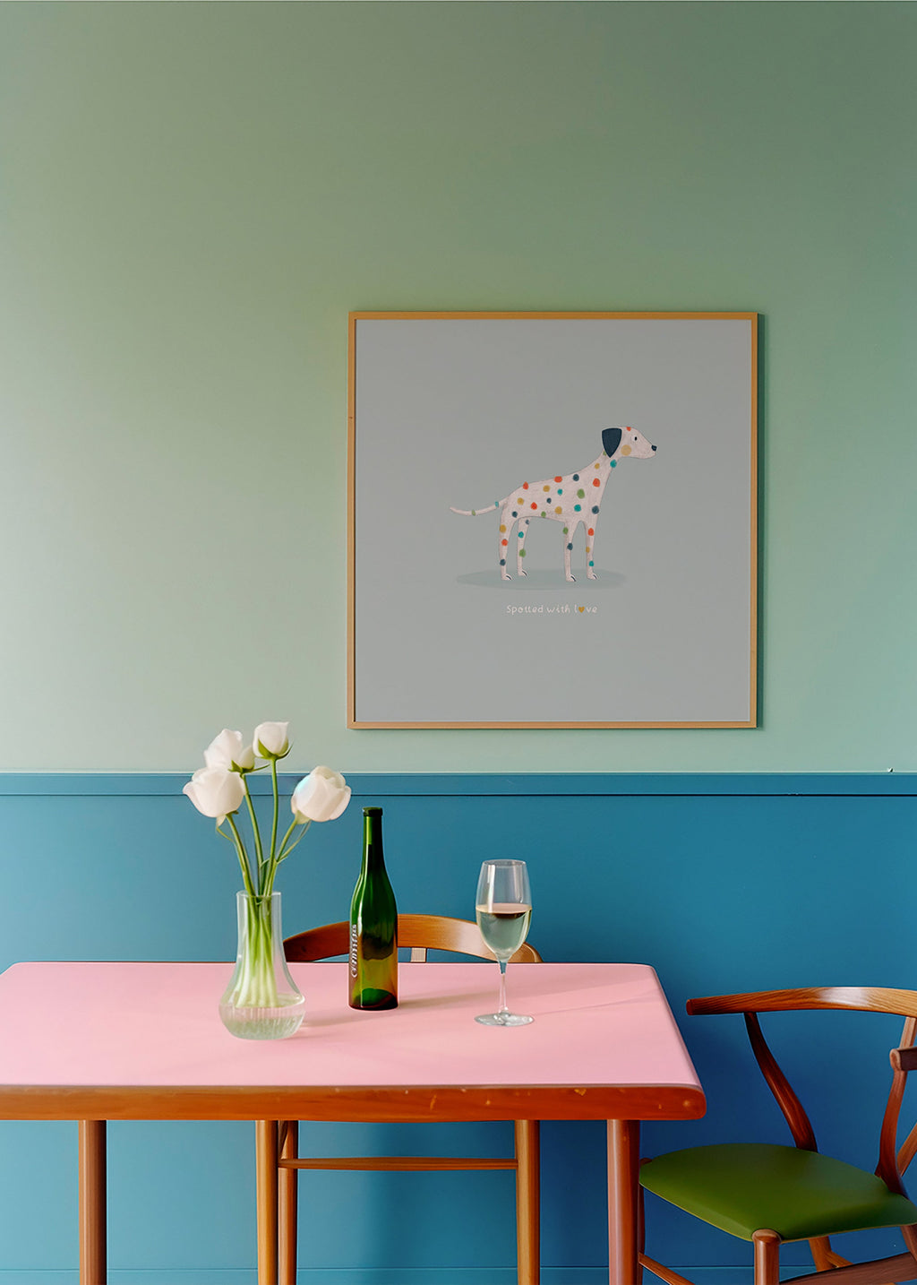 Dalmatian illustration with colorful spots