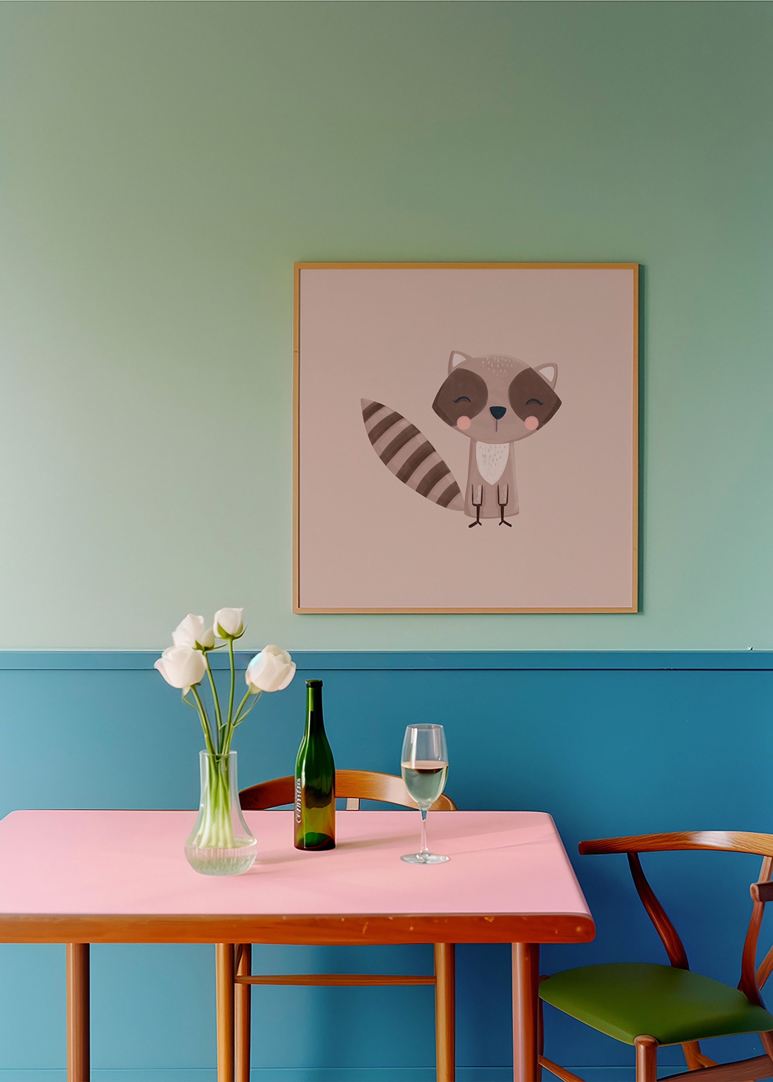 Kids print: smiling raccoon on beige backdrop