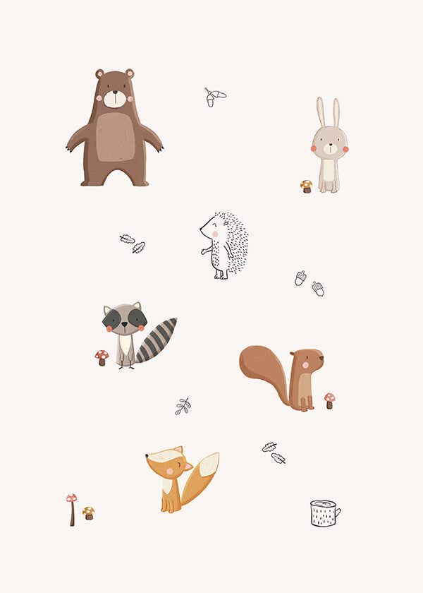 Children's print: forest friends in soft pastels