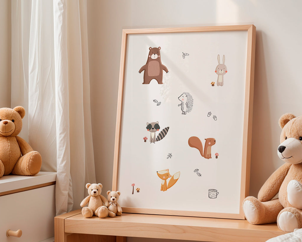 Children's print: forest friends in soft pastels