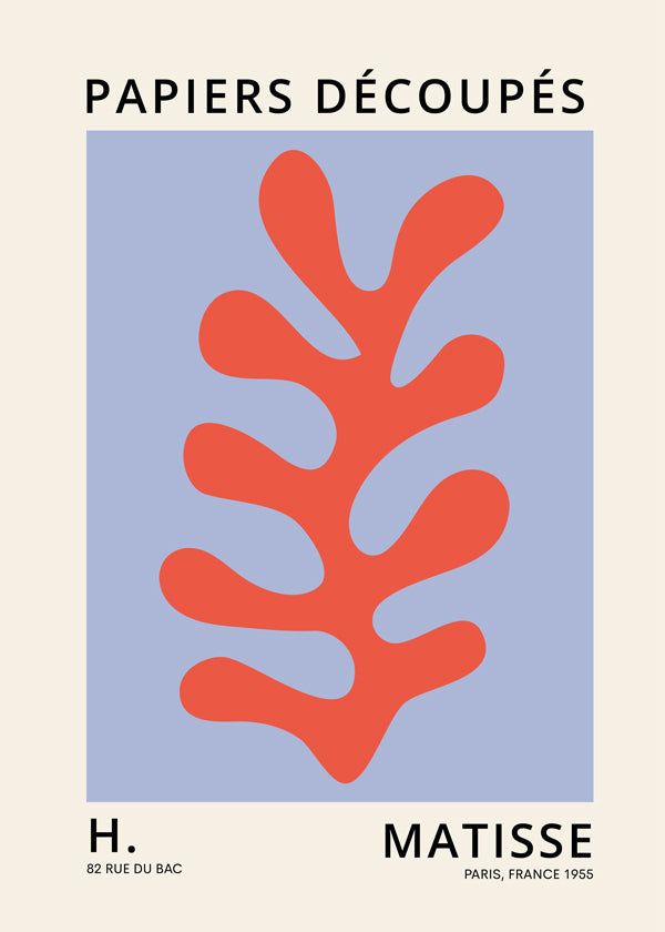 Botanical print Matisse style: red leaf on blue field | Wall art