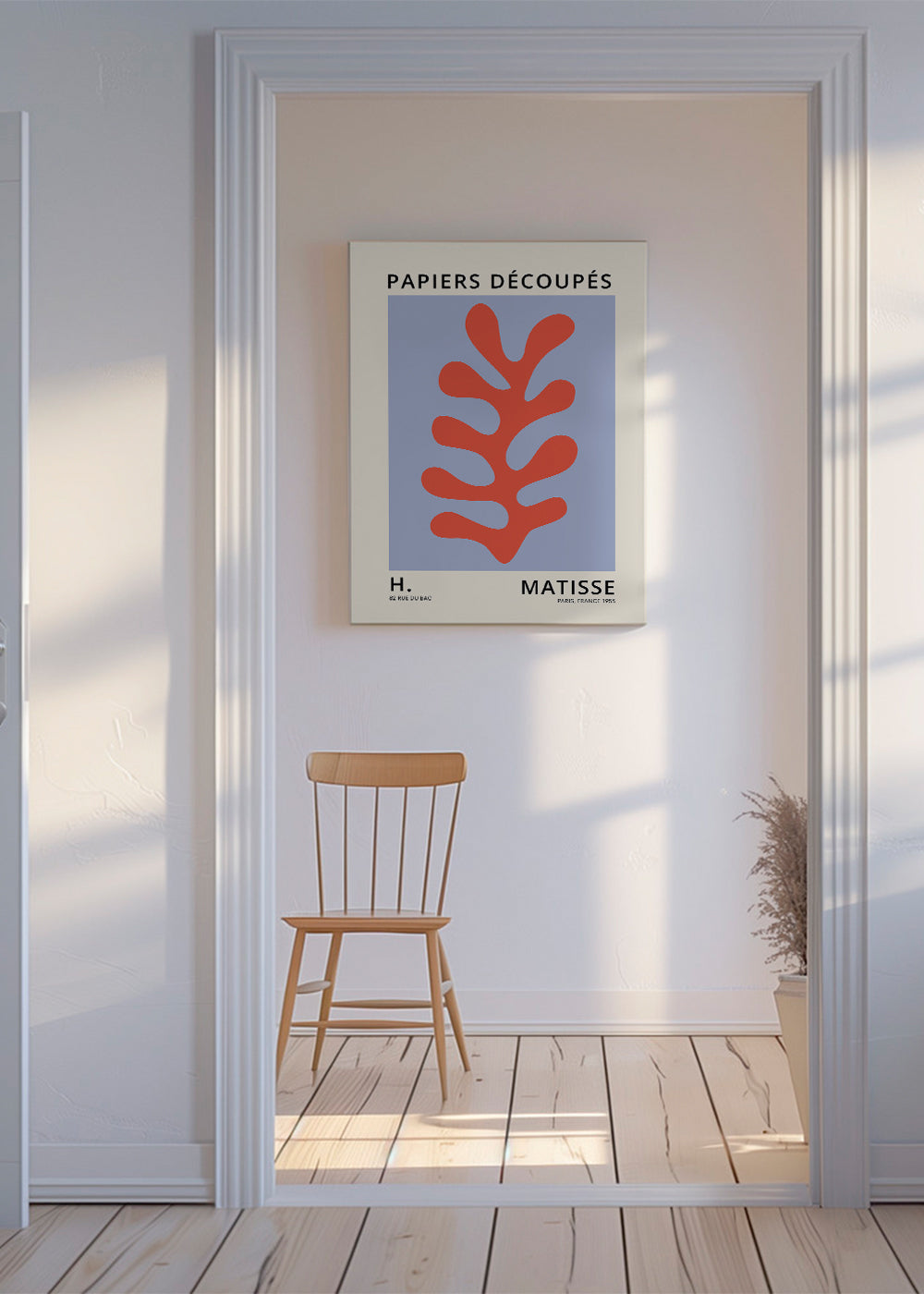 Botanical print Matisse style: red leaf on blue field | Wall art