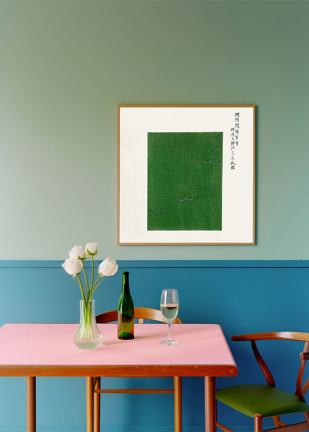 Green Birds Woodblock print from Yatsuo no tsubaki by Taguchi Tomoki - Square