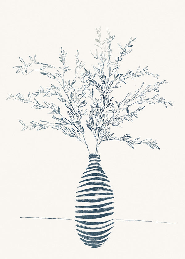 Lámina botánica en jarrón azul