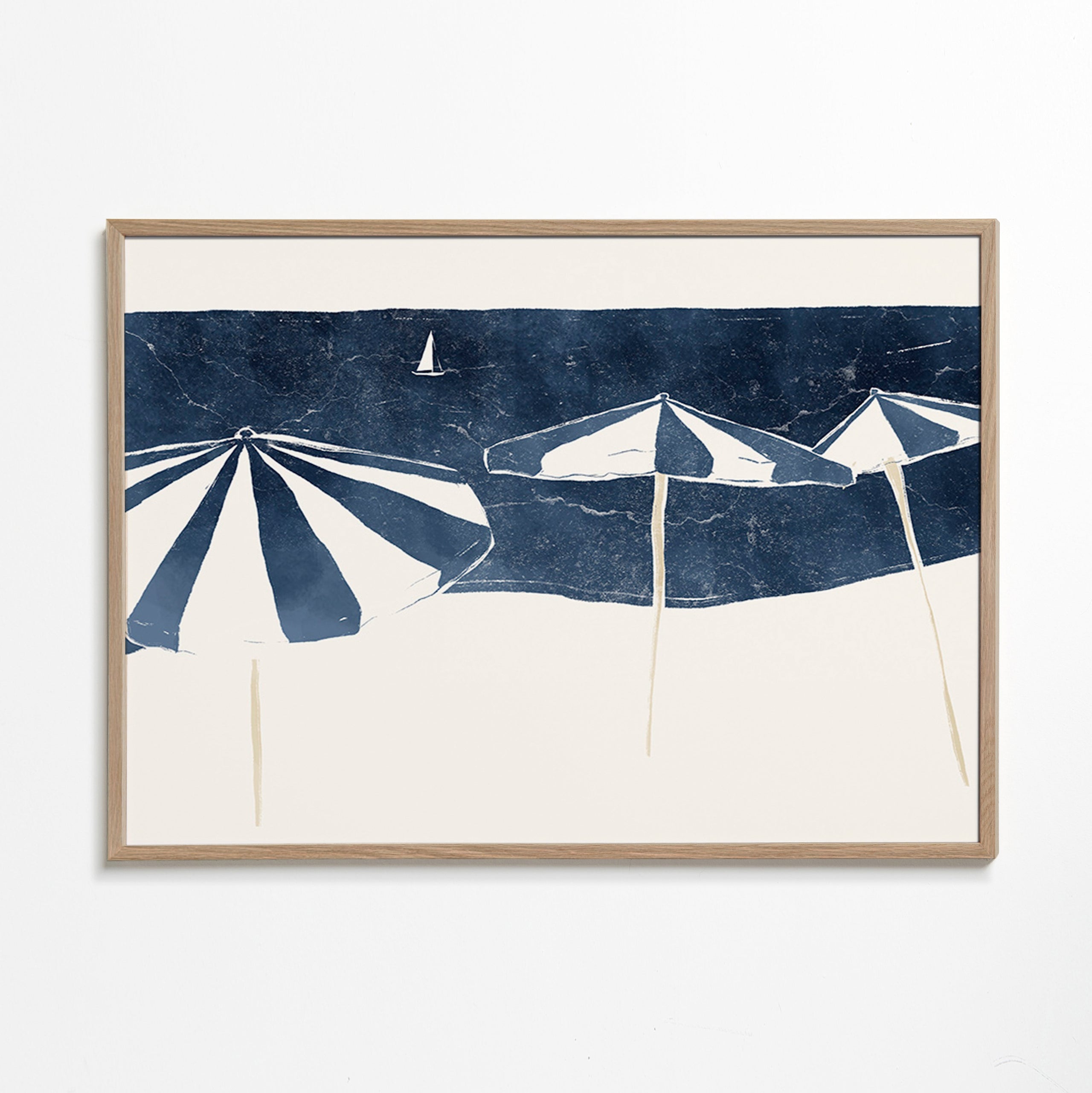Cuadro de paisaje con sombrillas marinas minimalistas – Oak Frame