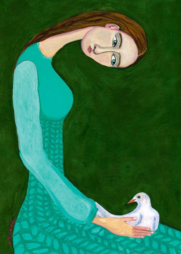 Lady sitting with white dove bird woman - Sharyn Bursic 