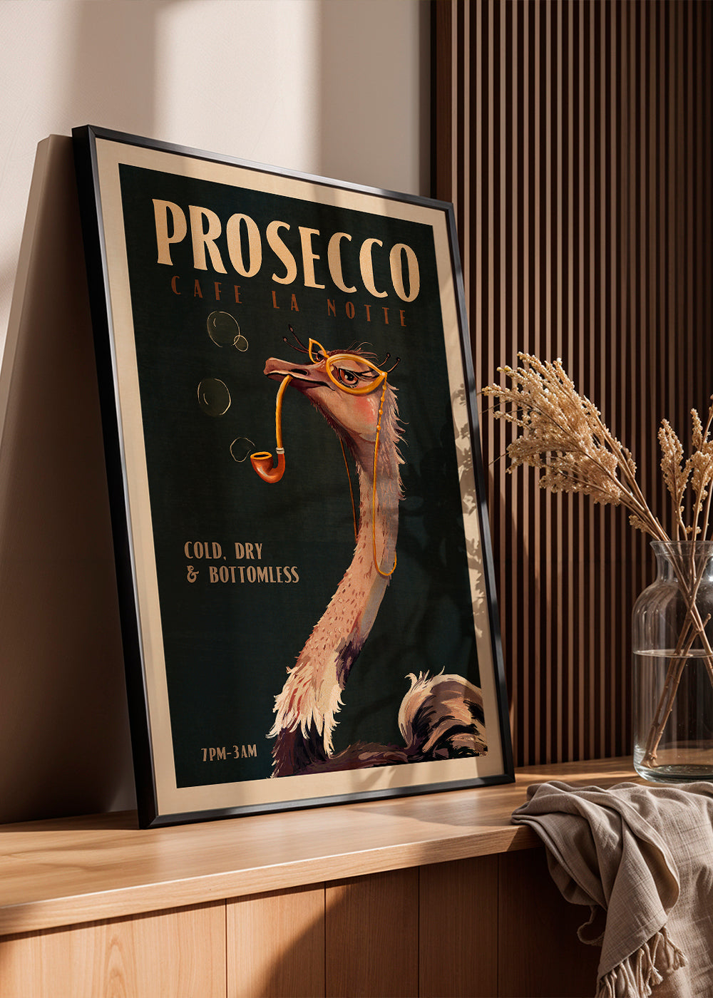 Cute Art Deco Prosecco Poster Of An Ostrich - The Whiskey Ginger