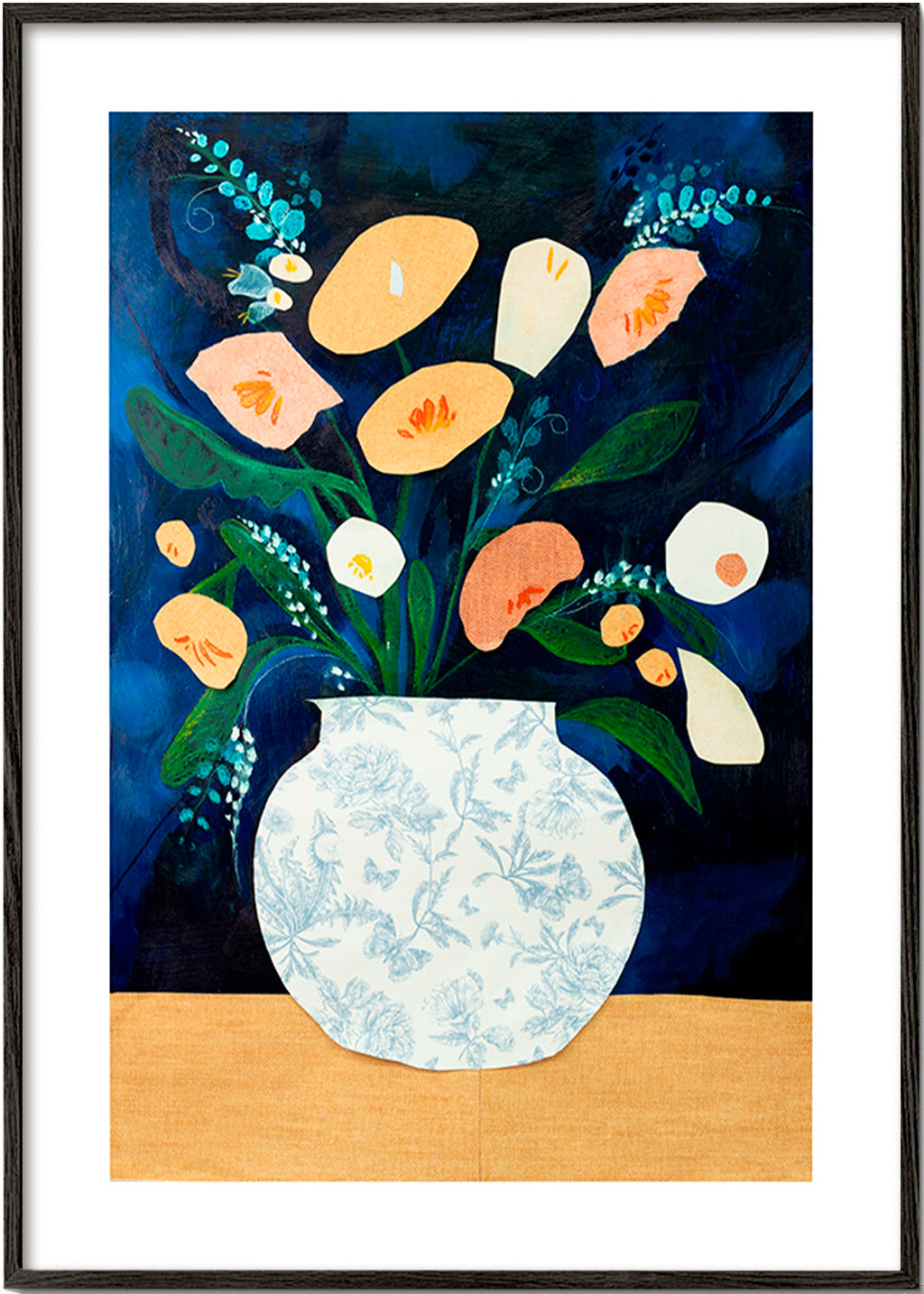 Lámina botánica con ramo en jarrón – Black Frame