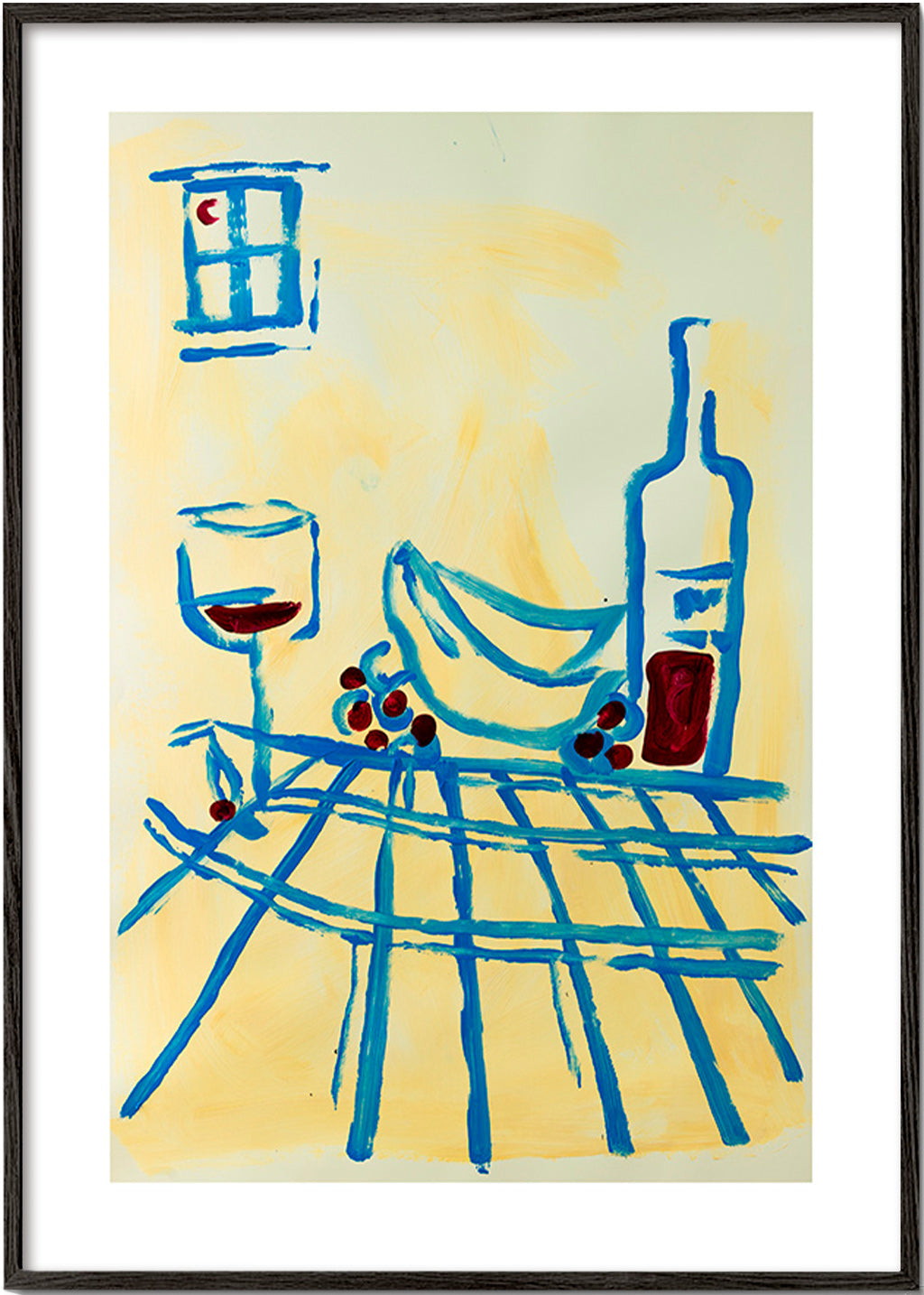 Cuadro de cocina con bodegón azul y plátanos – Black Frame