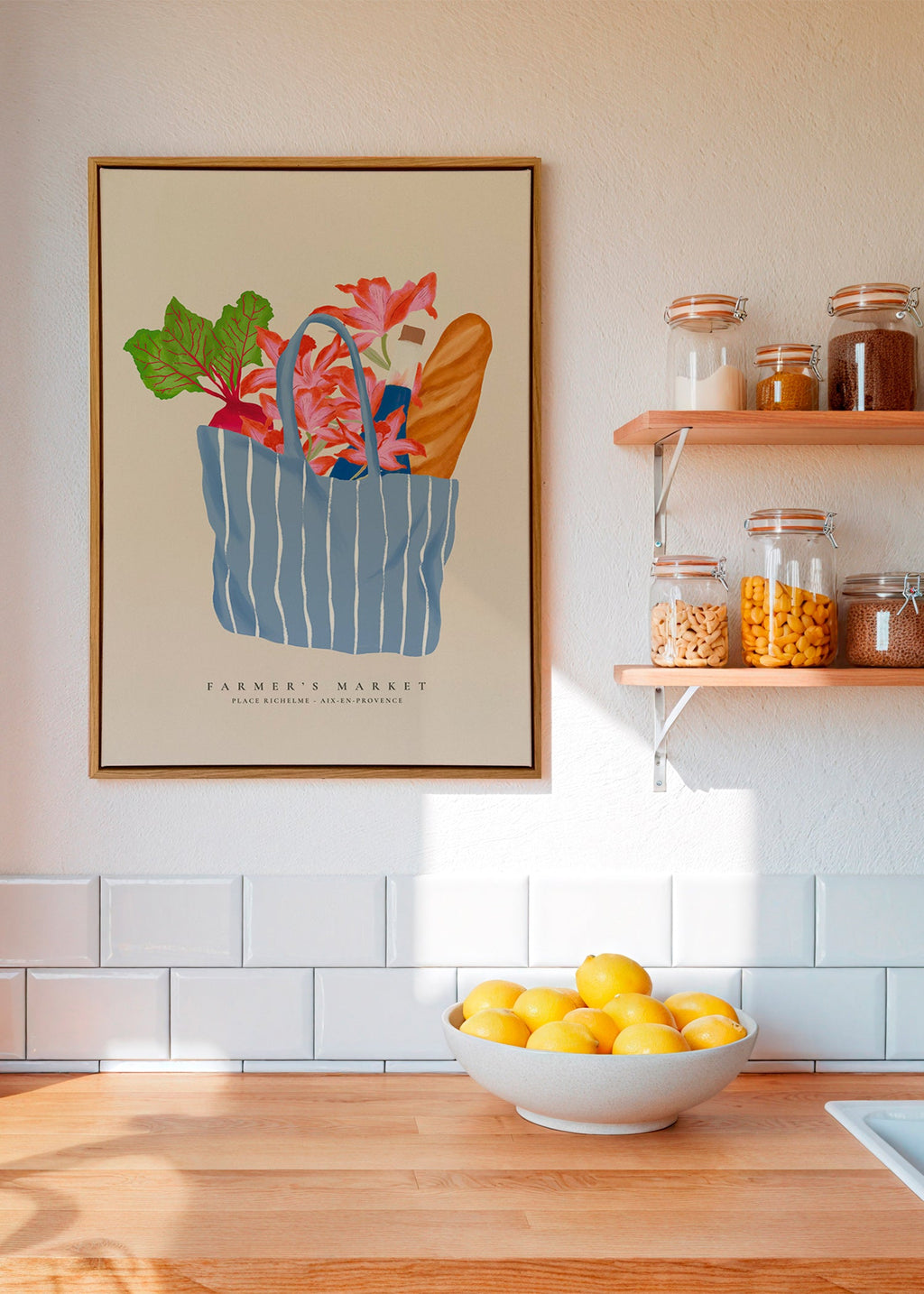 Kitchen art featuring a market bag illustration