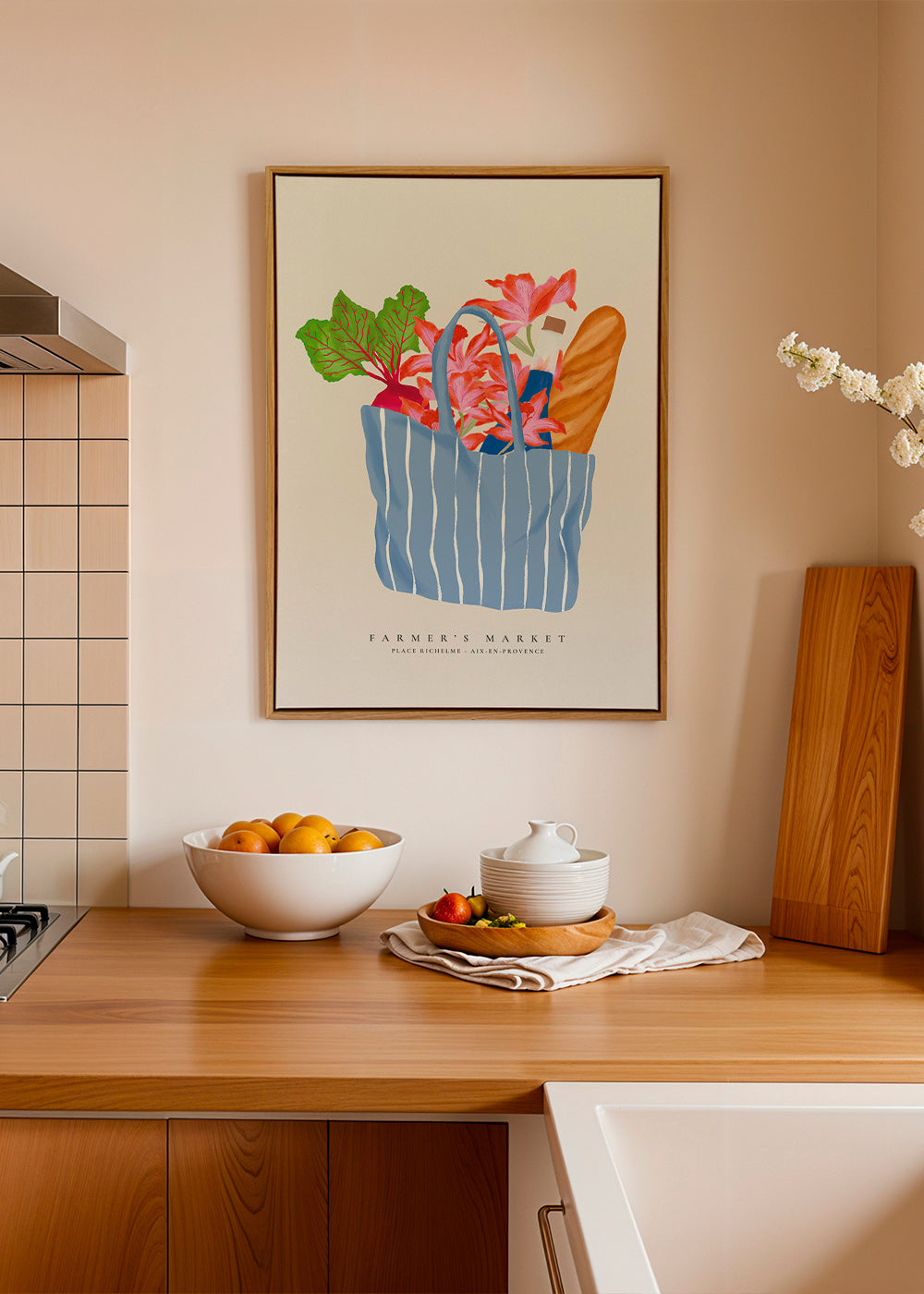 Kitchen art featuring a market bag illustration