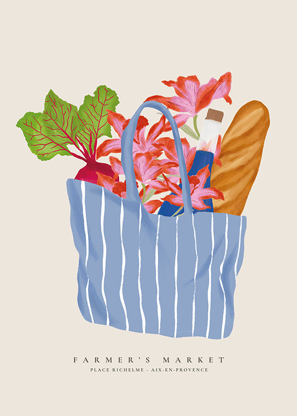 Kitchen art featuring a market bag illustration