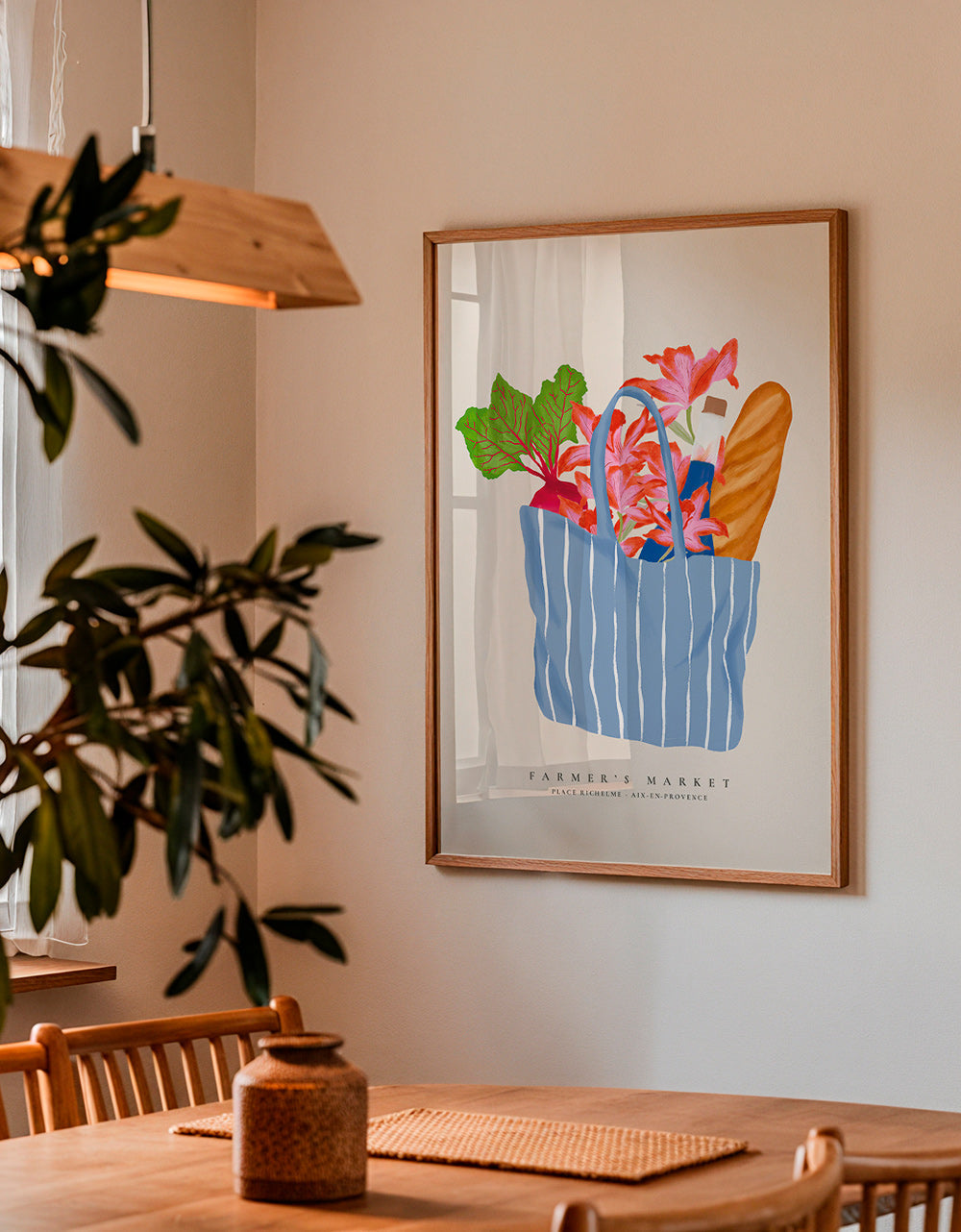 Kitchen art featuring a market bag illustration