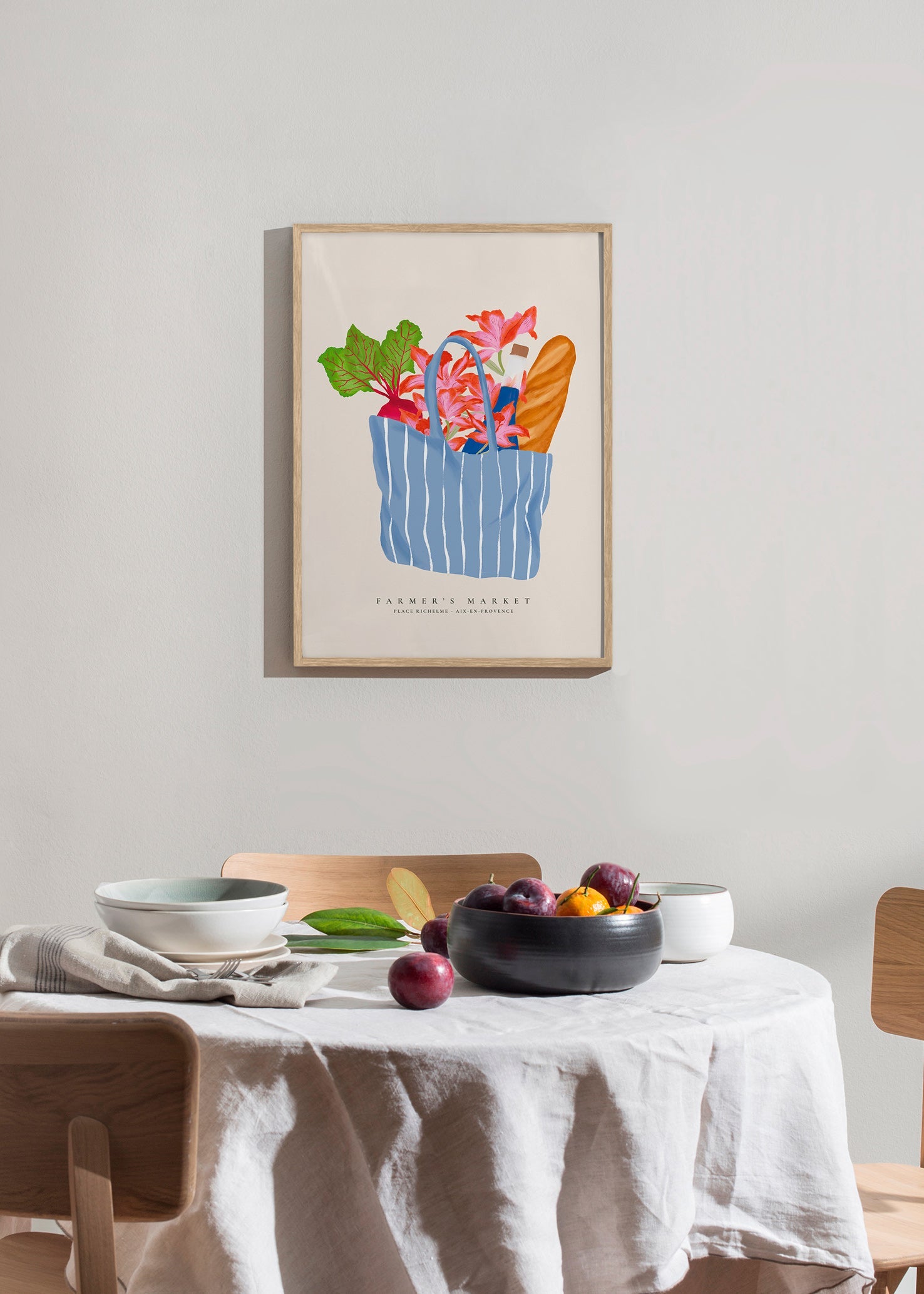 Kitchen art featuring a market bag illustration