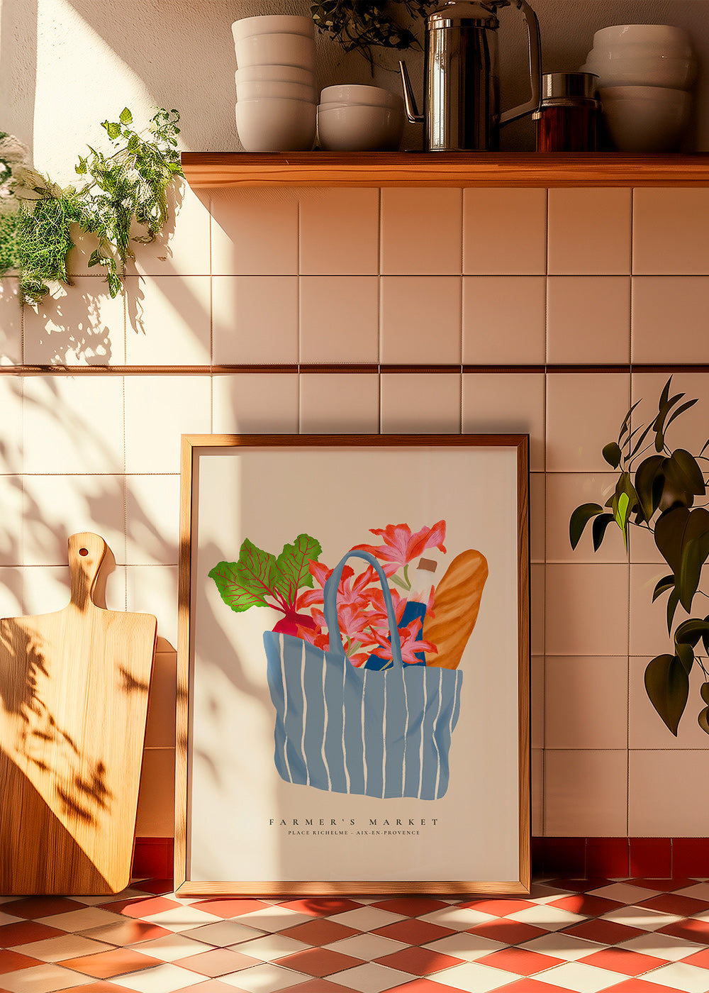 Kitchen art featuring a market bag illustration