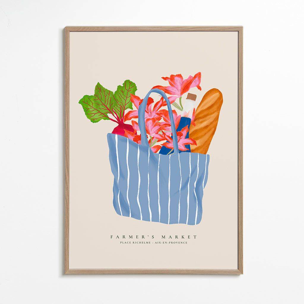 Kitchen art featuring a market bag illustration