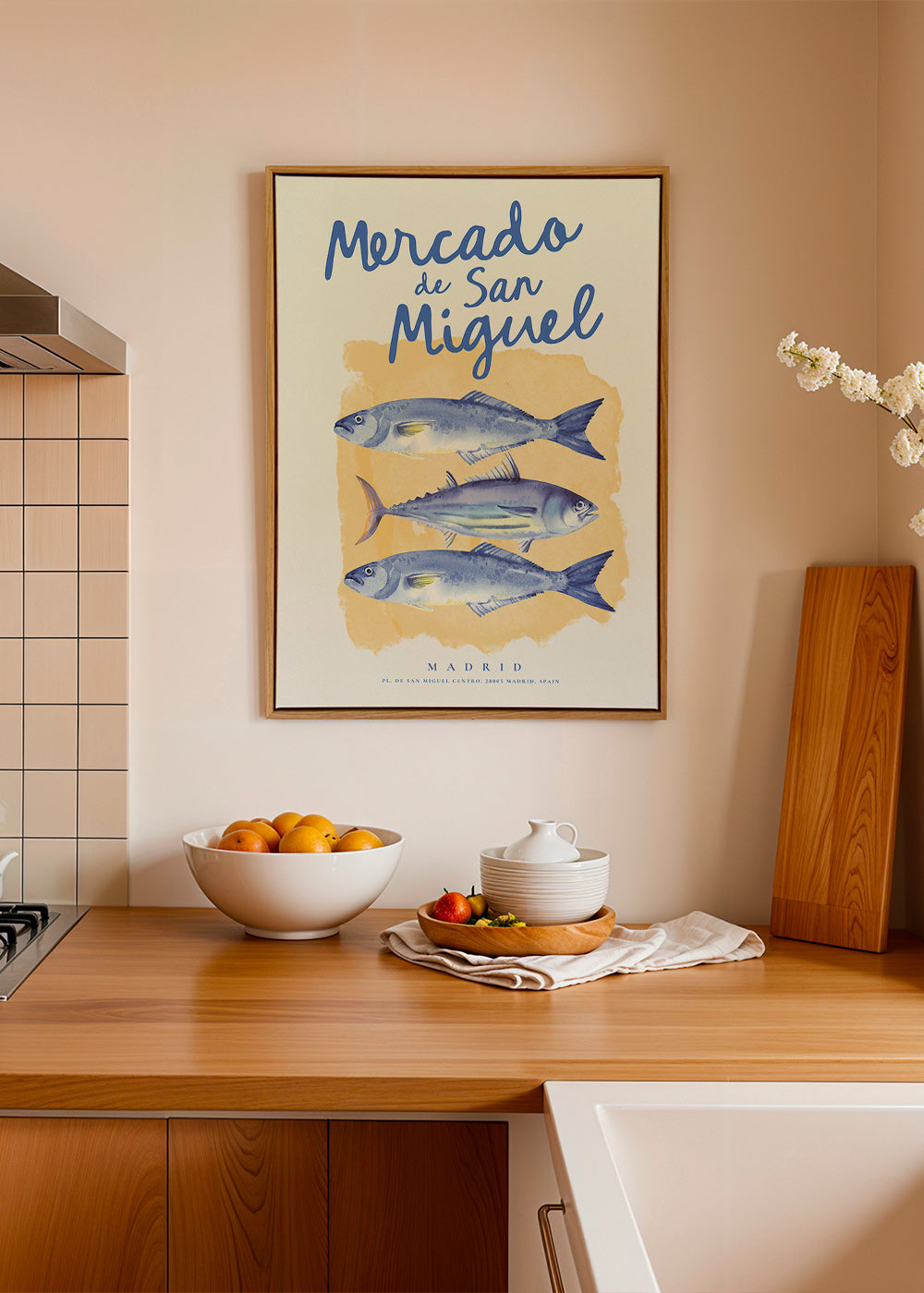 Kitchen art San Miguel blue fish poster