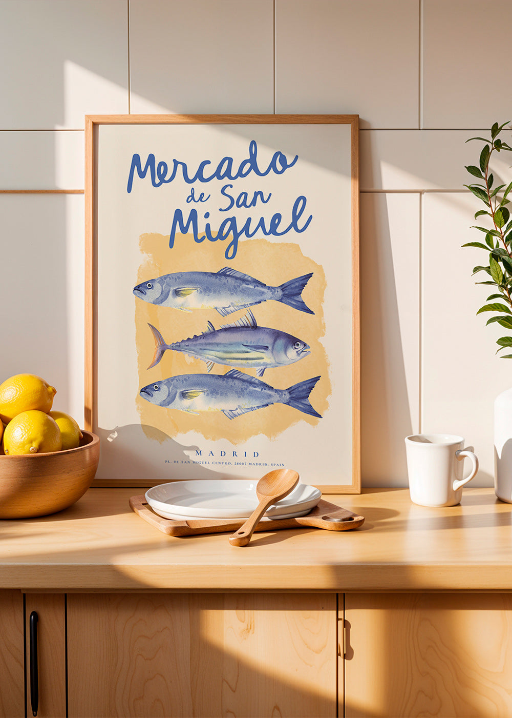Kitchen art San Miguel blue fish poster