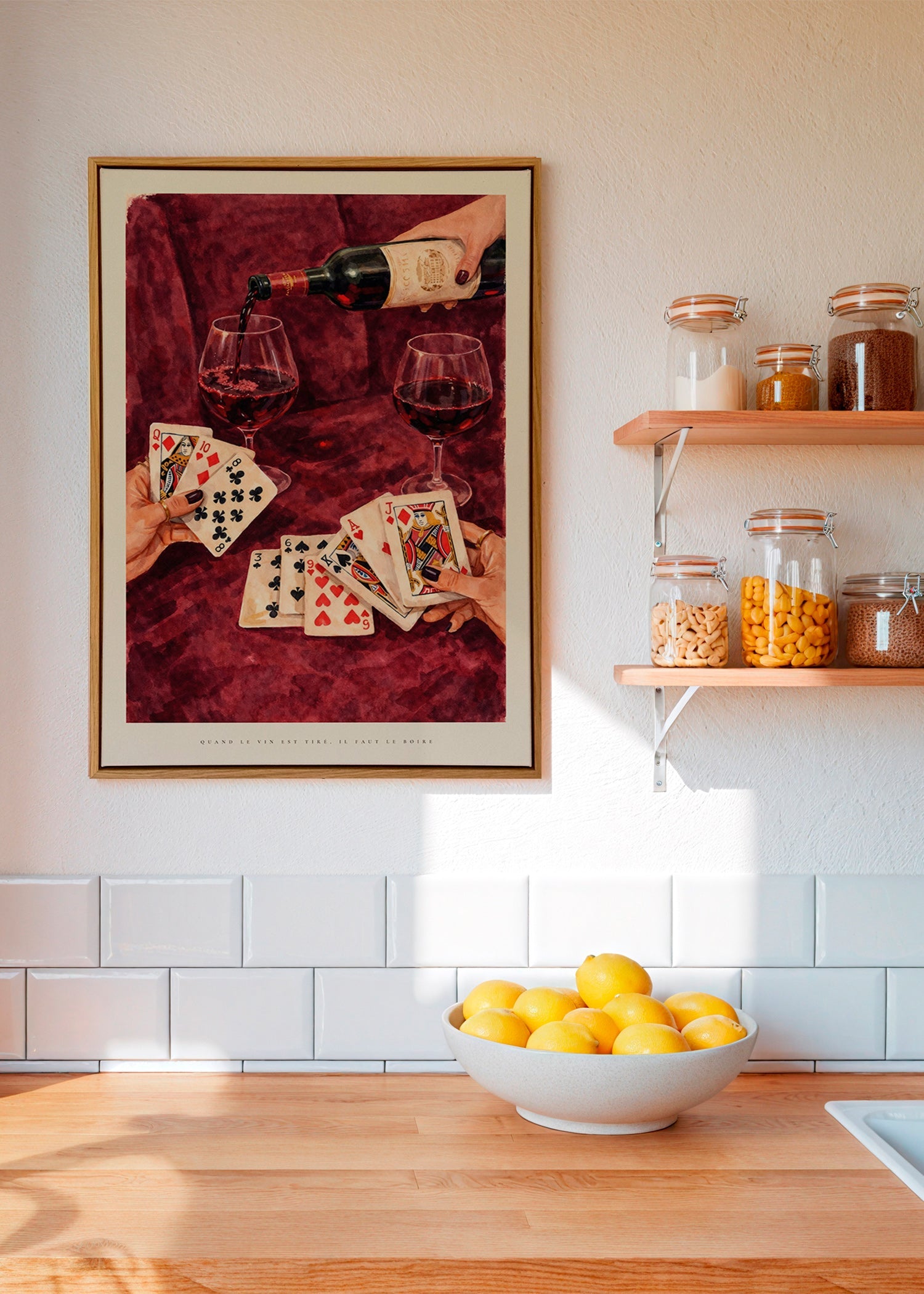 Kitchen art with playing cards and red wine