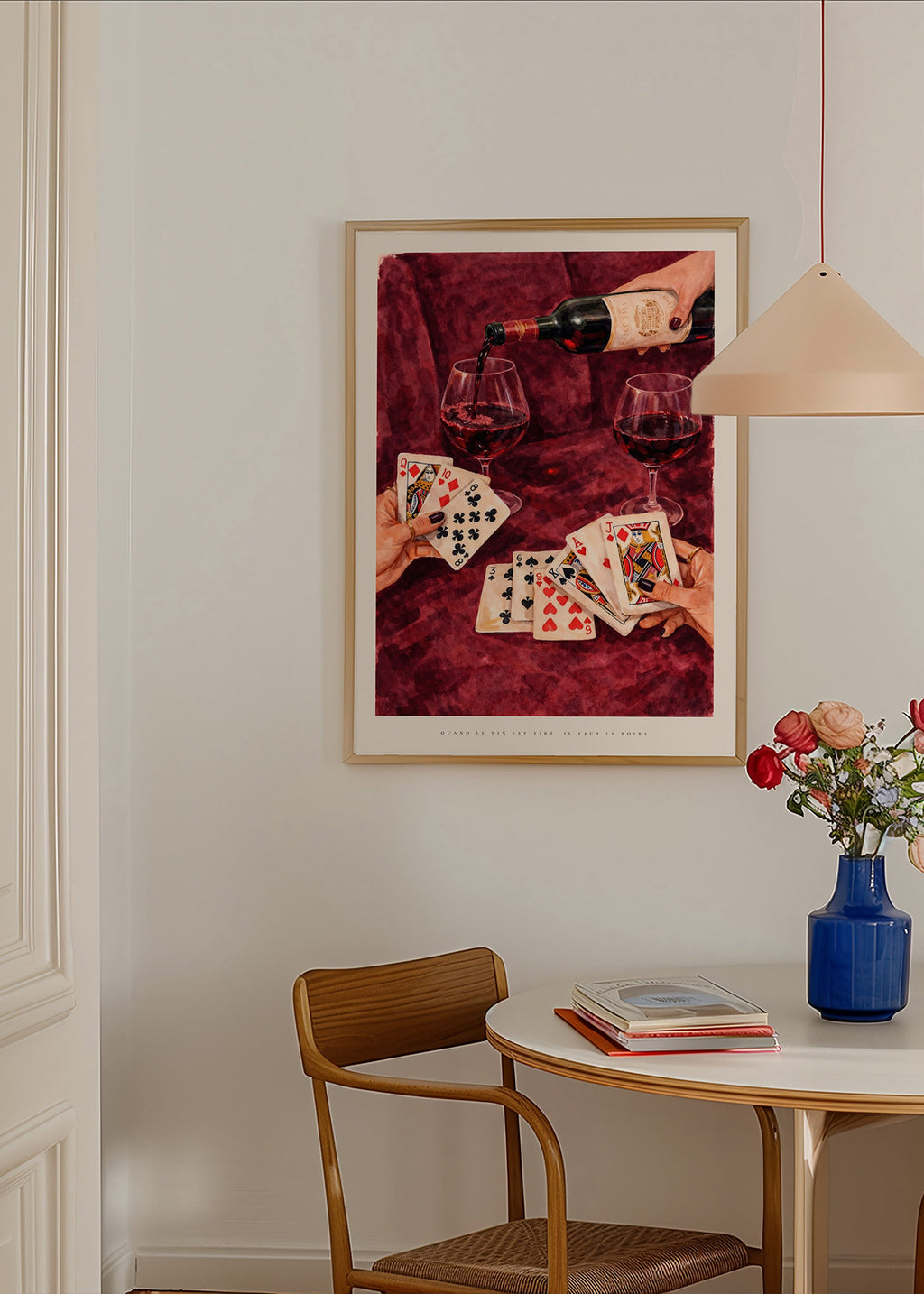 Kitchen art with playing cards and red wine