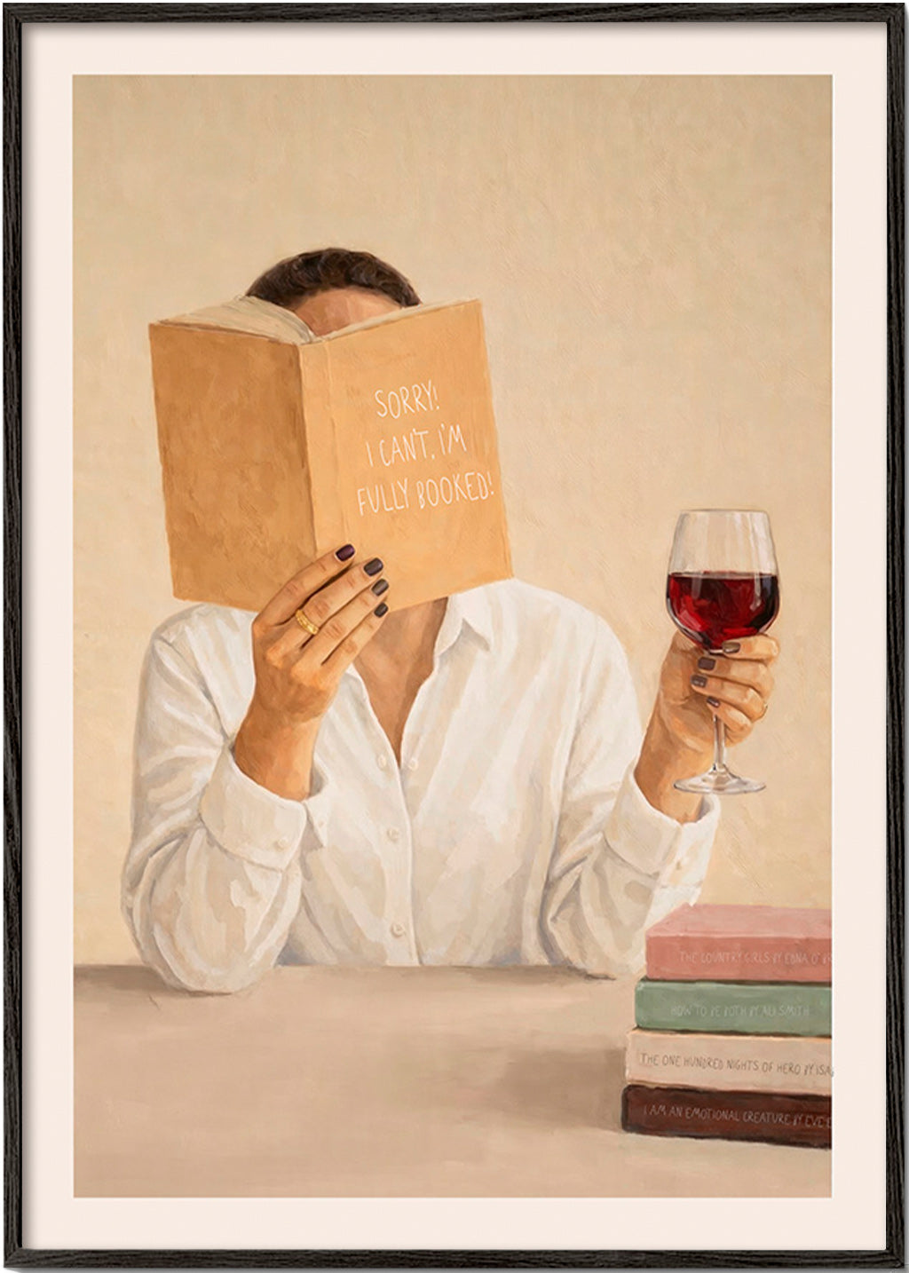 Kitchen art: woman reading with a glass of wine
