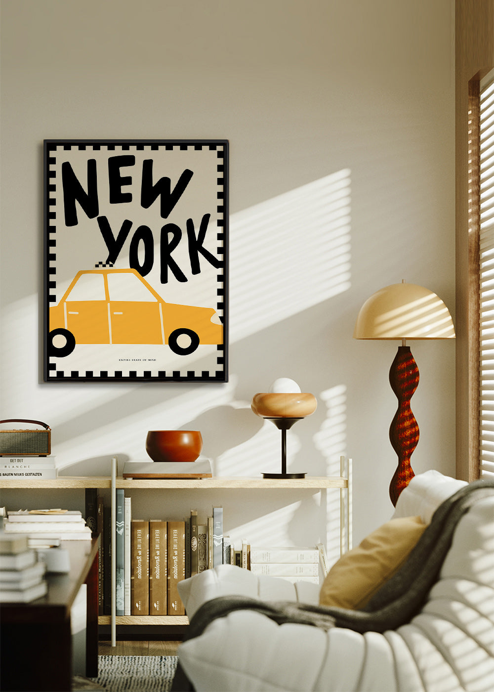 Travel poster with New York taxi and bold lettering